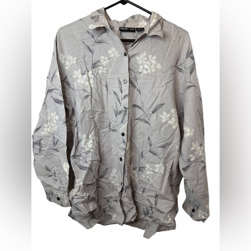 Style & Co. Gray Patterned Linen Cotton Blend Button Down Shirt NWOT